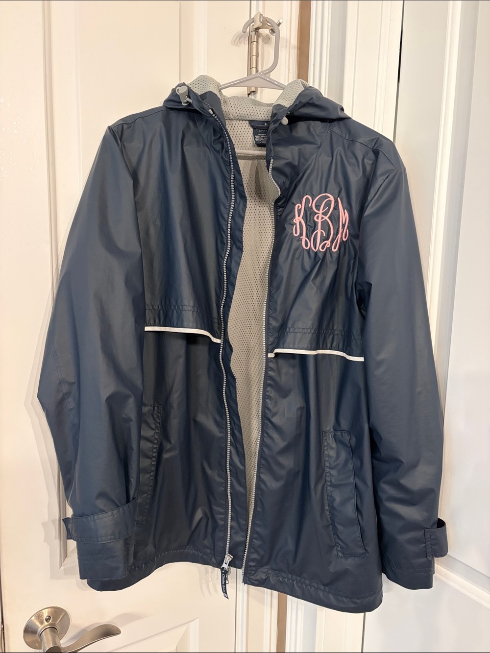 Women’s Navy Hooded Rain Jacket with Pink Monogram